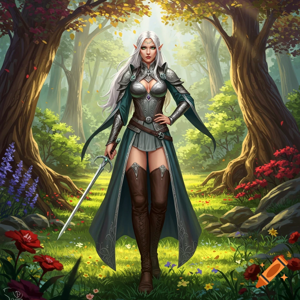 A female elf warrior with white hair and armor stands in a forest with a sword.