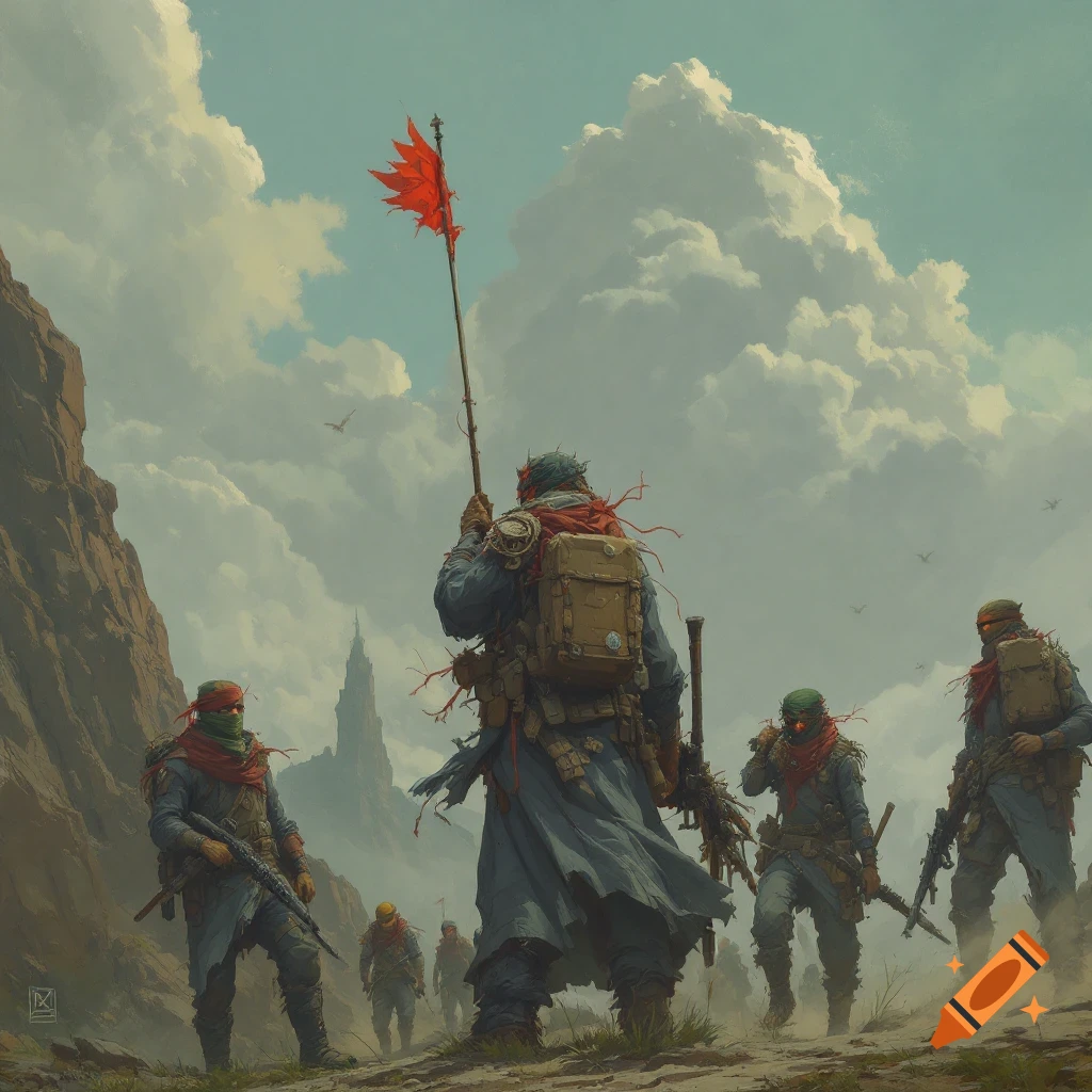 Armed figures march through a rocky landscape under a cloudy sky, one holding a red flag.