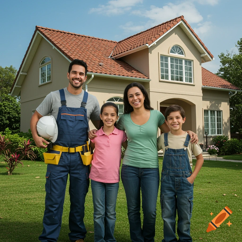 Smiling family, father in overalls and hard hat, mother, daughter, and son standing in front of a suburban house.