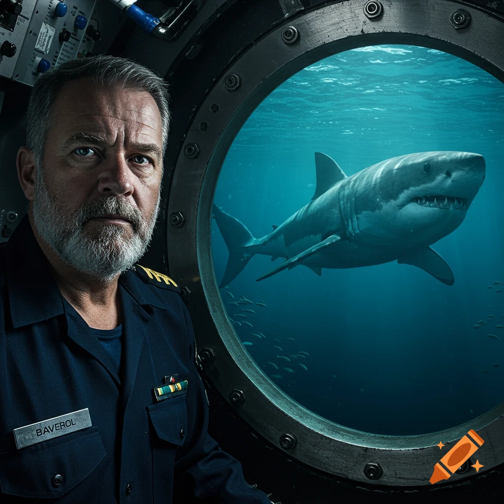 A man in a navy uniform looks out a submarine porthole at a large shark swimming in the water.