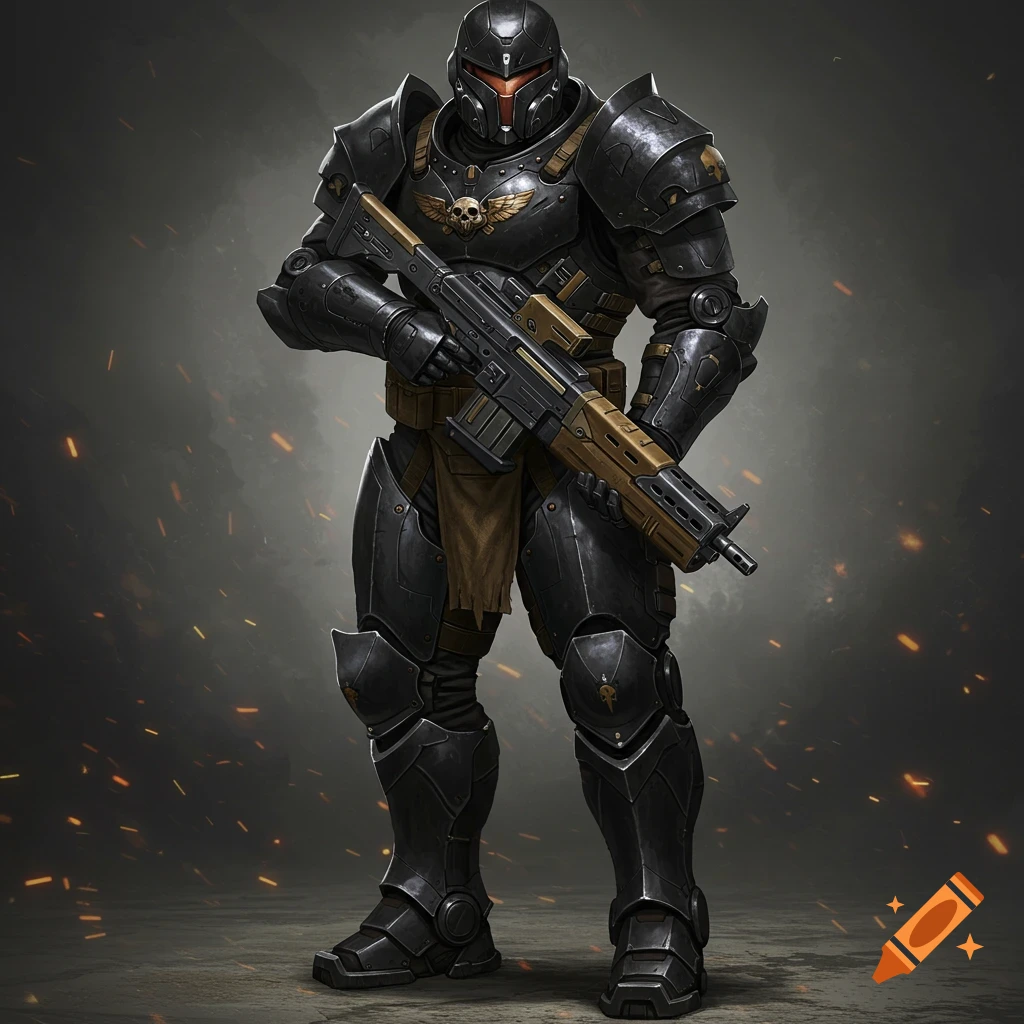 A heavily armored soldier in black power armor stands holding a large rifle.