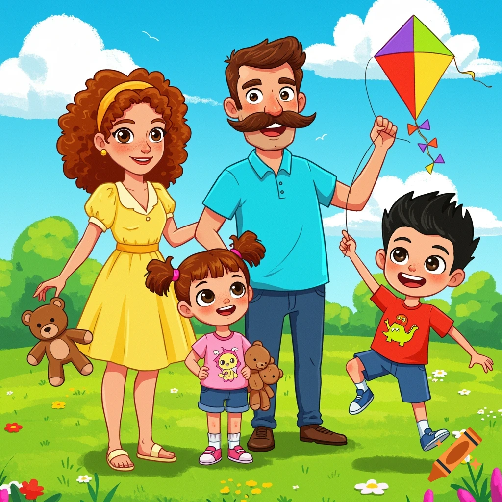 Cartoon family flying a kite in a sunny park.