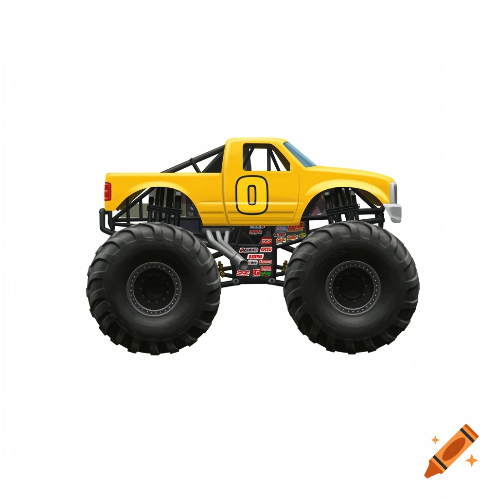 Illustrated yellow monster truck with the number 0 on the door, facing left on a white background.