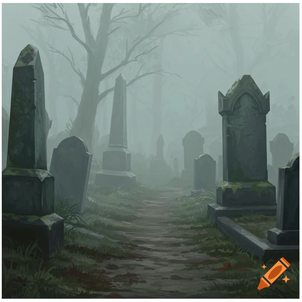 A foggy graveyard with tall gravestones and a path, in a painterly style.