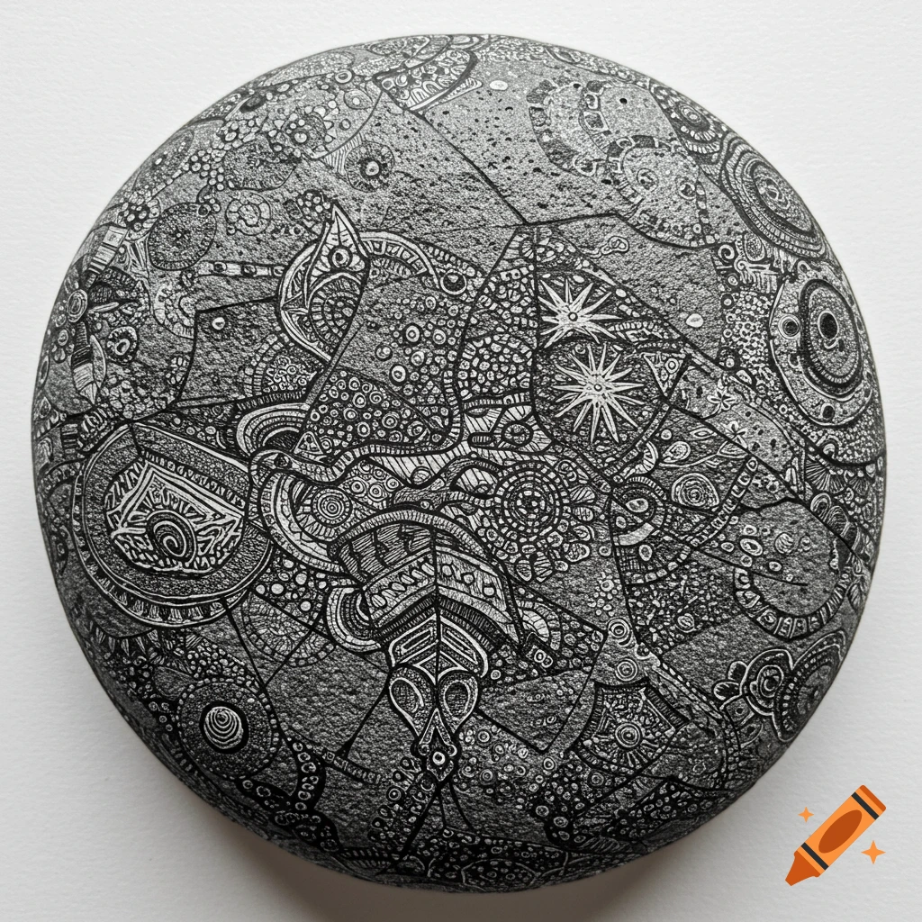 Circular stone covered in intricate black and white ink drawing pattern