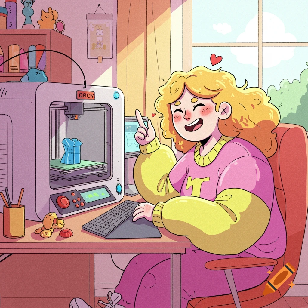 Cartoony person with blonde hair sitting at a desk with a computer and 3D printer.