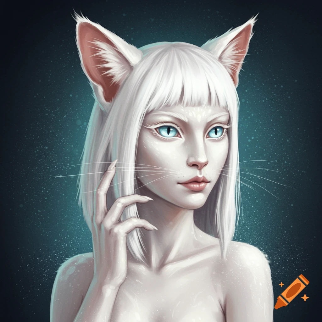 White feline-human creature with blue eyes and cat ears