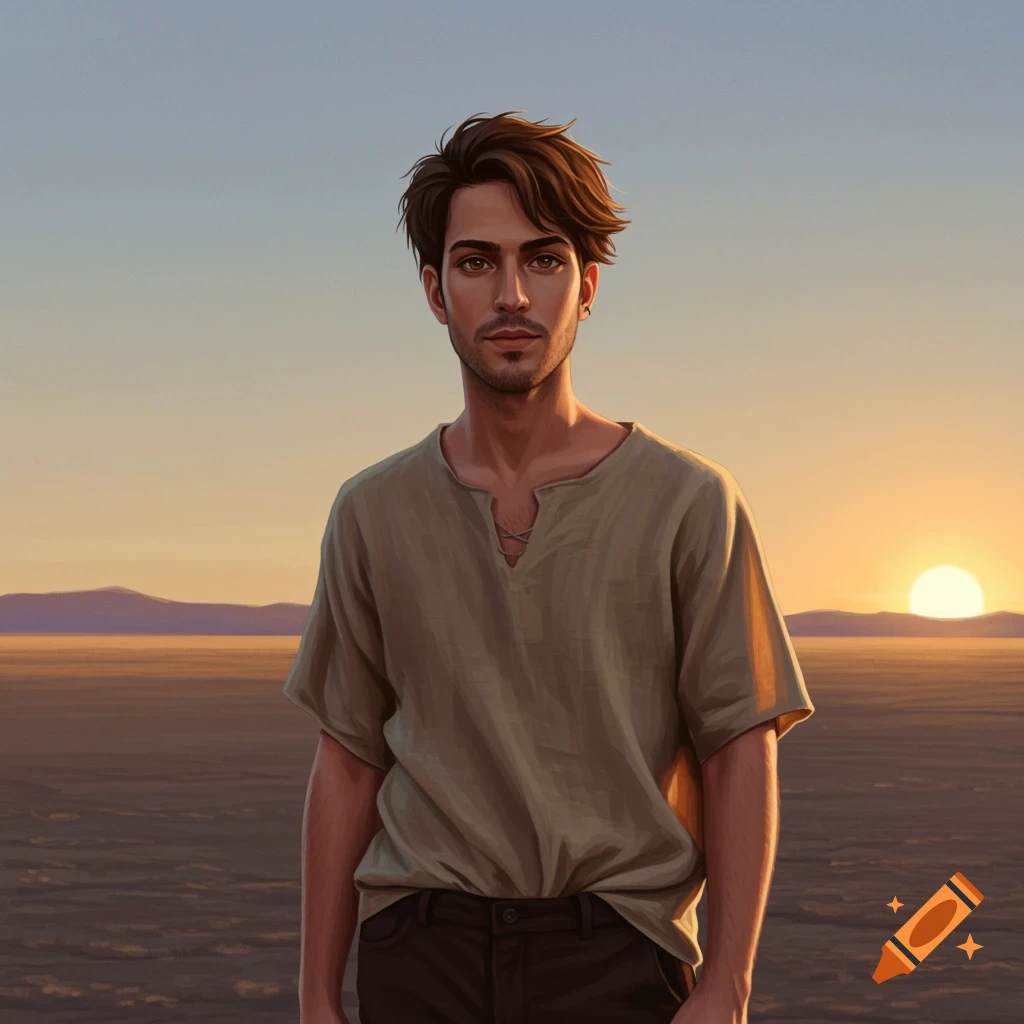 A man with brown hair stands in a plain at sunset.