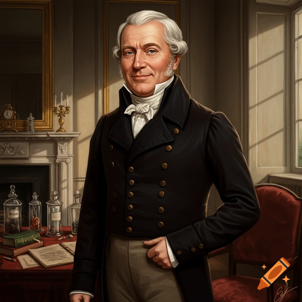 Portrait of a man in black coat and white cravat standing in a historical study with medical jars.