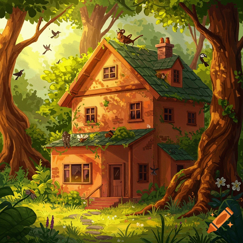 Stylized illustration of a cozy house in a sunny forest, surrounded by animals and birds.
