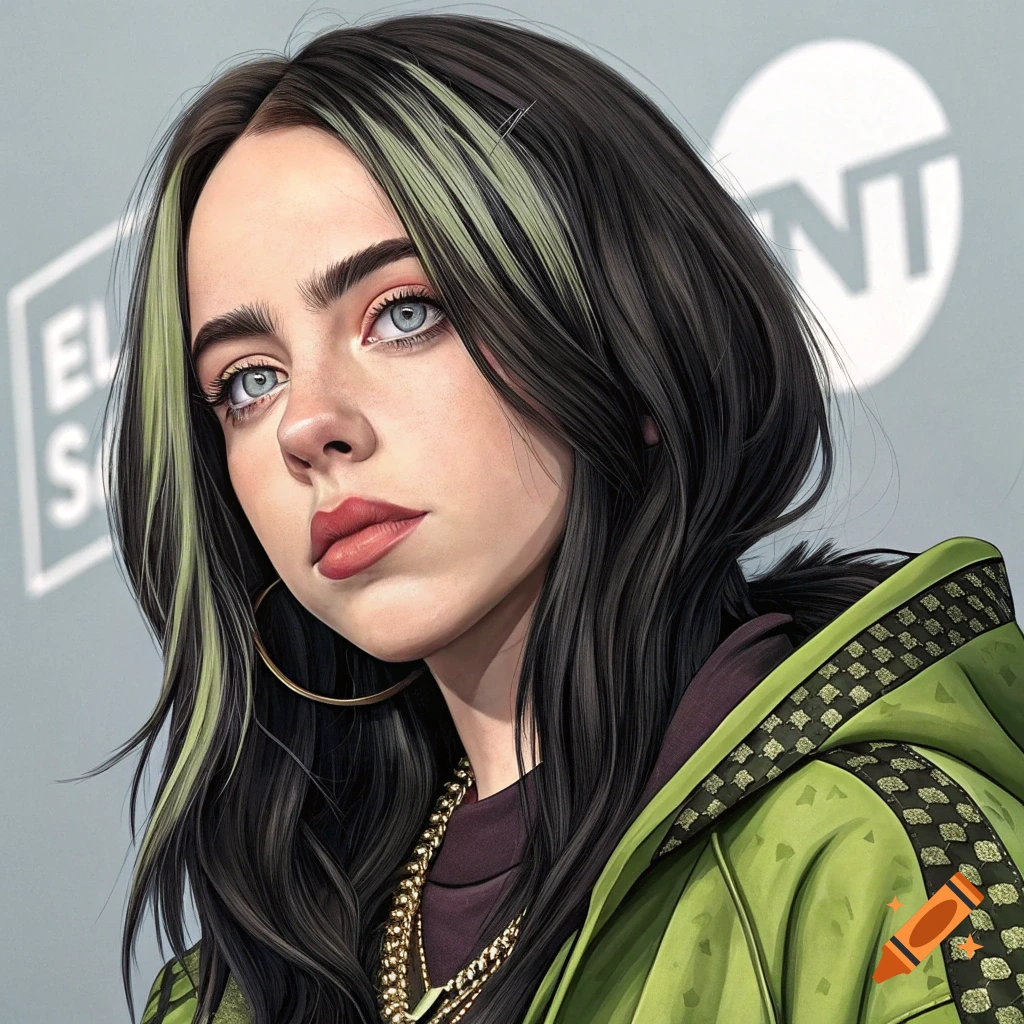 Realistic digital portrait of a young woman with dark hair and green highlights, wearing a green jacket and hoop earrings