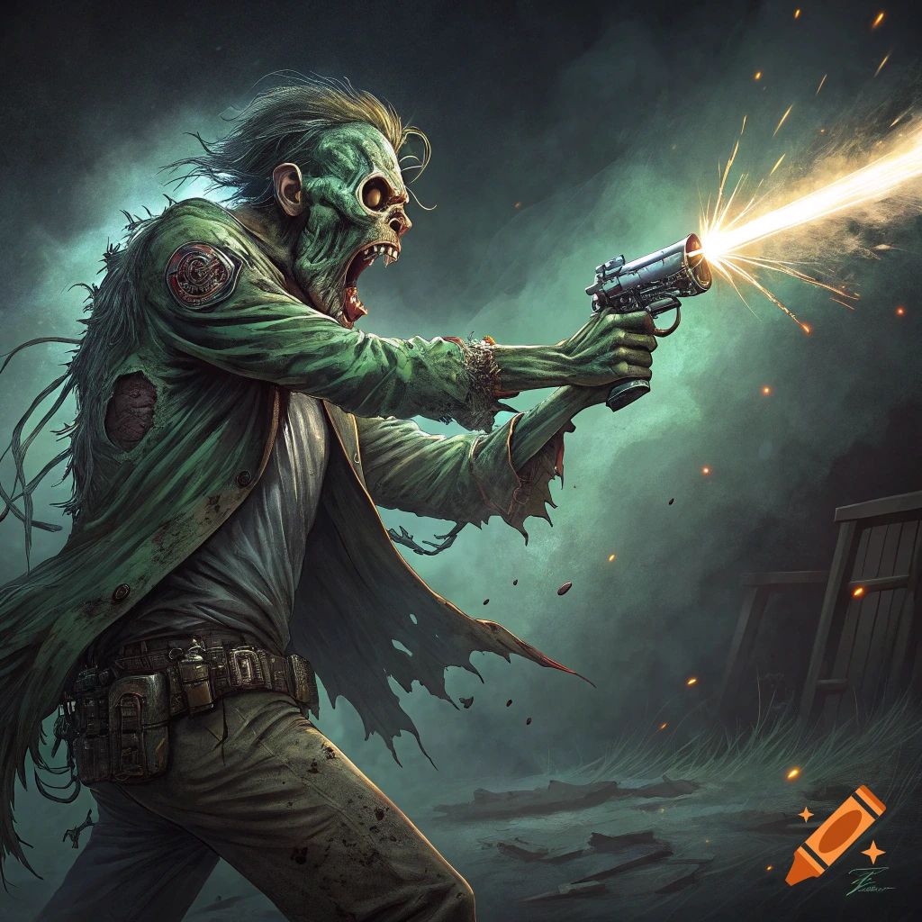 Zombie shooting a gun with bright muzzle flash in a dark setting, digital art.