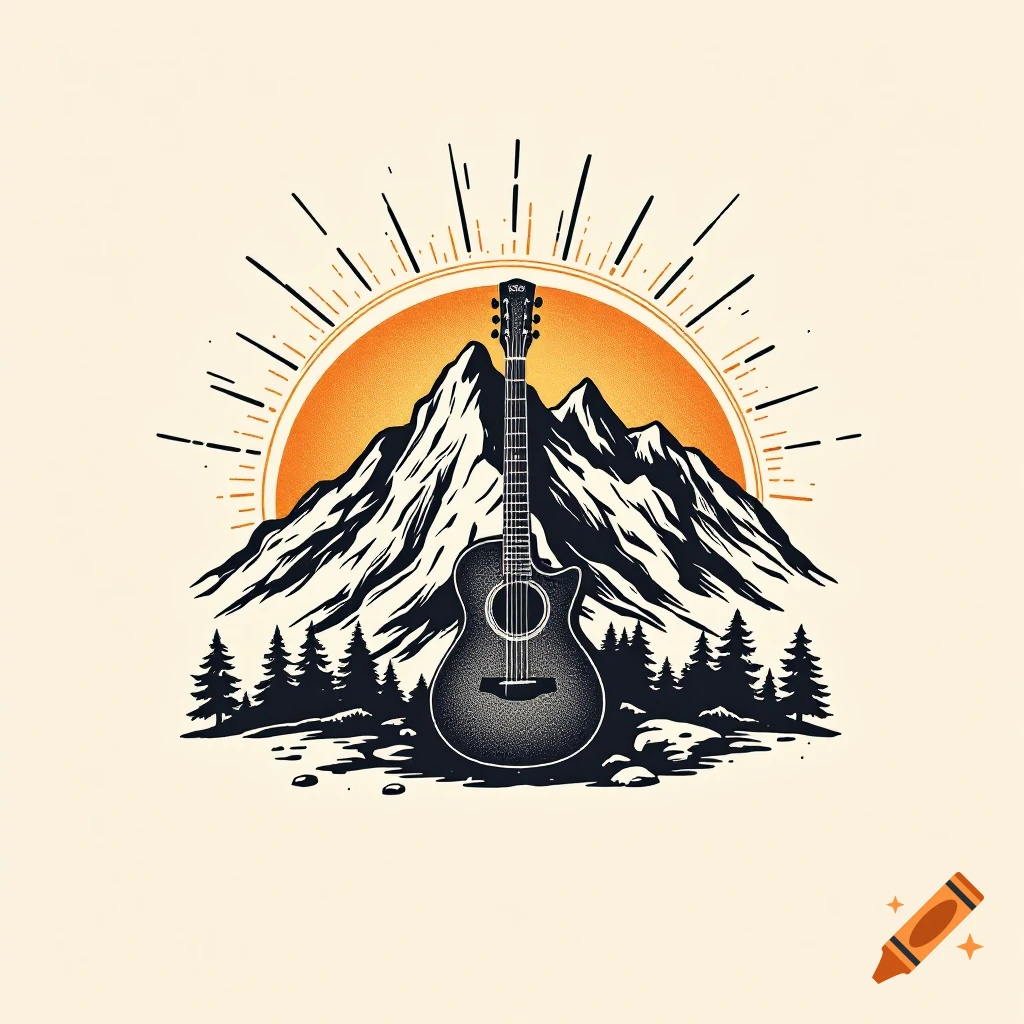 Illustration of a guitar in front of mountains and a rising sun