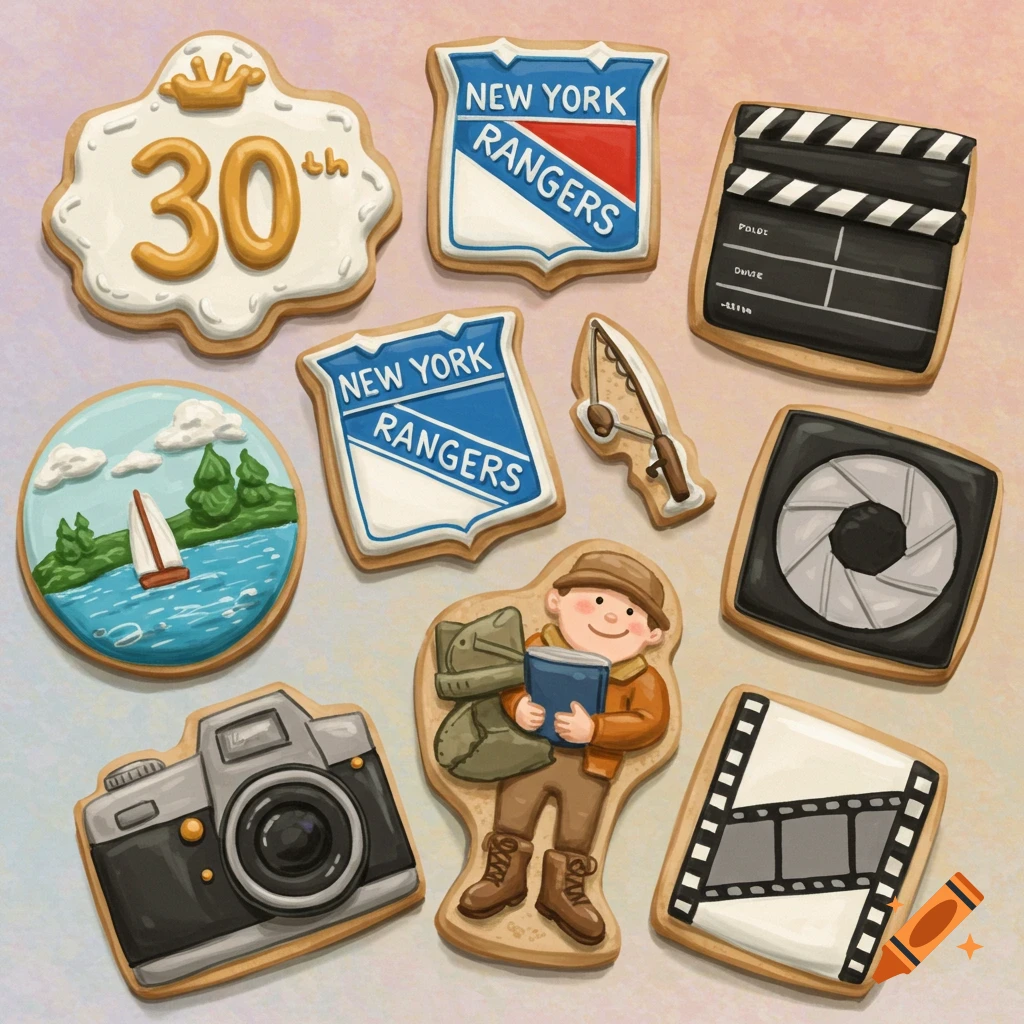 Decorated sugar cookies with 30th birthday, New York Rangers, fishing, photography, and movie themes.