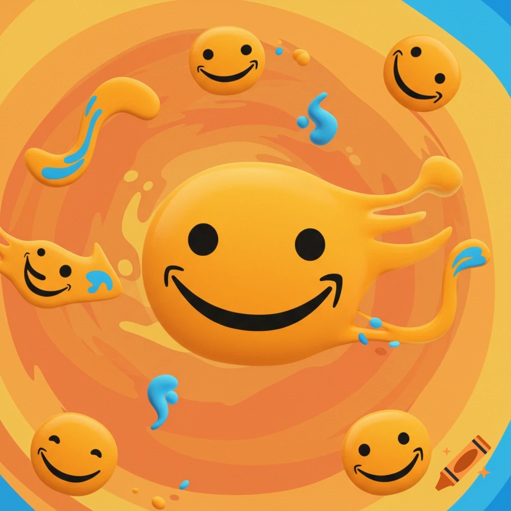 An abstract illustration with orange smiley faces and shapes on an orange background.