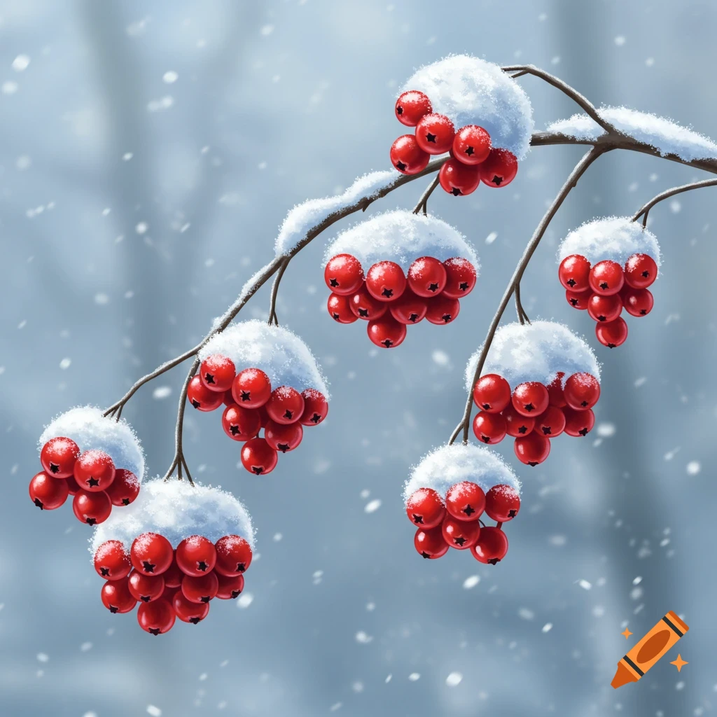 Snow-covered red berries on a branch during snowfall.