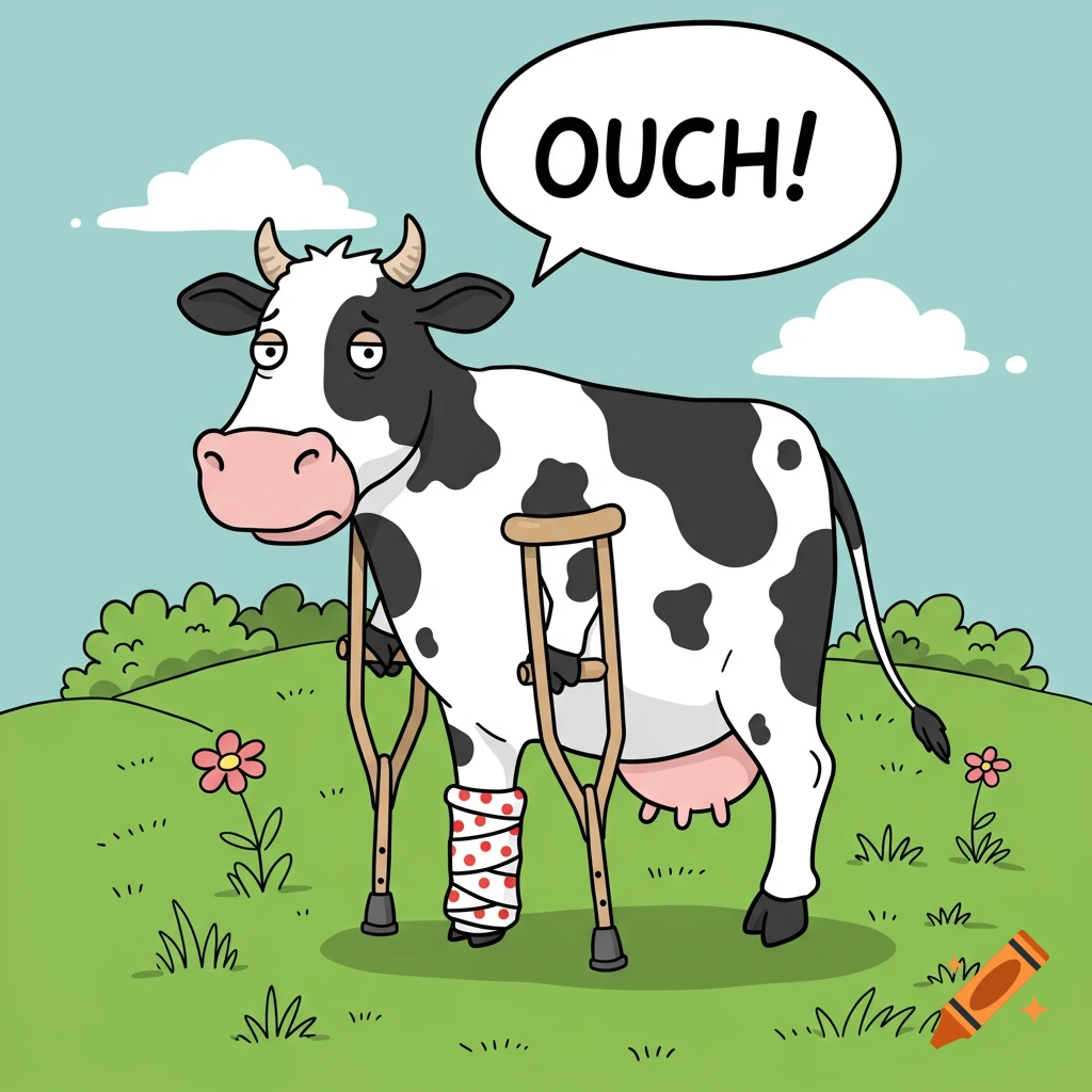 Cartoon cow on crutches with bandaged leg in a field, speech bubble says OUCH!