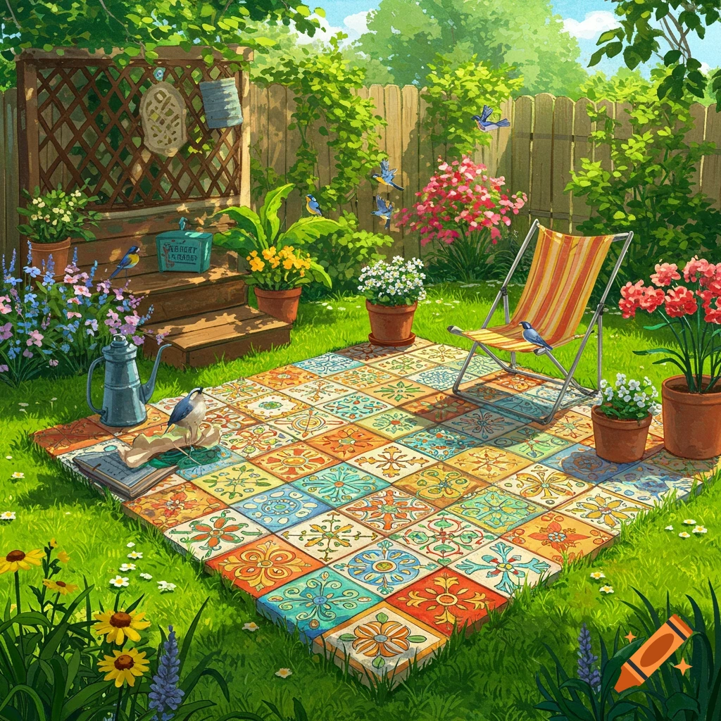 A colorful tiled patio in a sunny backyard garden with plants, flowers, a deck chair, and birds, in a painting style.