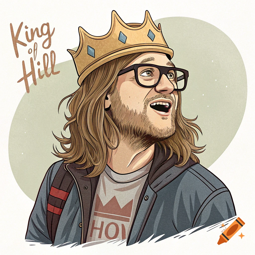 Illustration of a man with long hair, beard, glasses, and a crown, in a cartoon style.