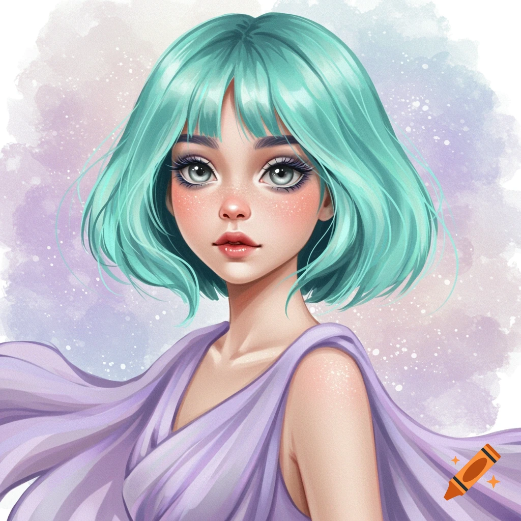 A digital illustration of a girl with turquoise hair and a purple robe against a sparkly background.