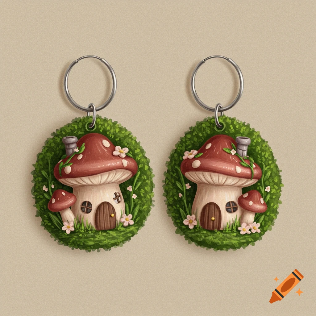 Pair of identical mushroom house cottagecore earrings on a mossy base with flowers, illustration style.