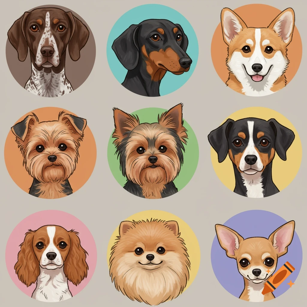 Grid of nine cartoon portraits of different dog breeds.