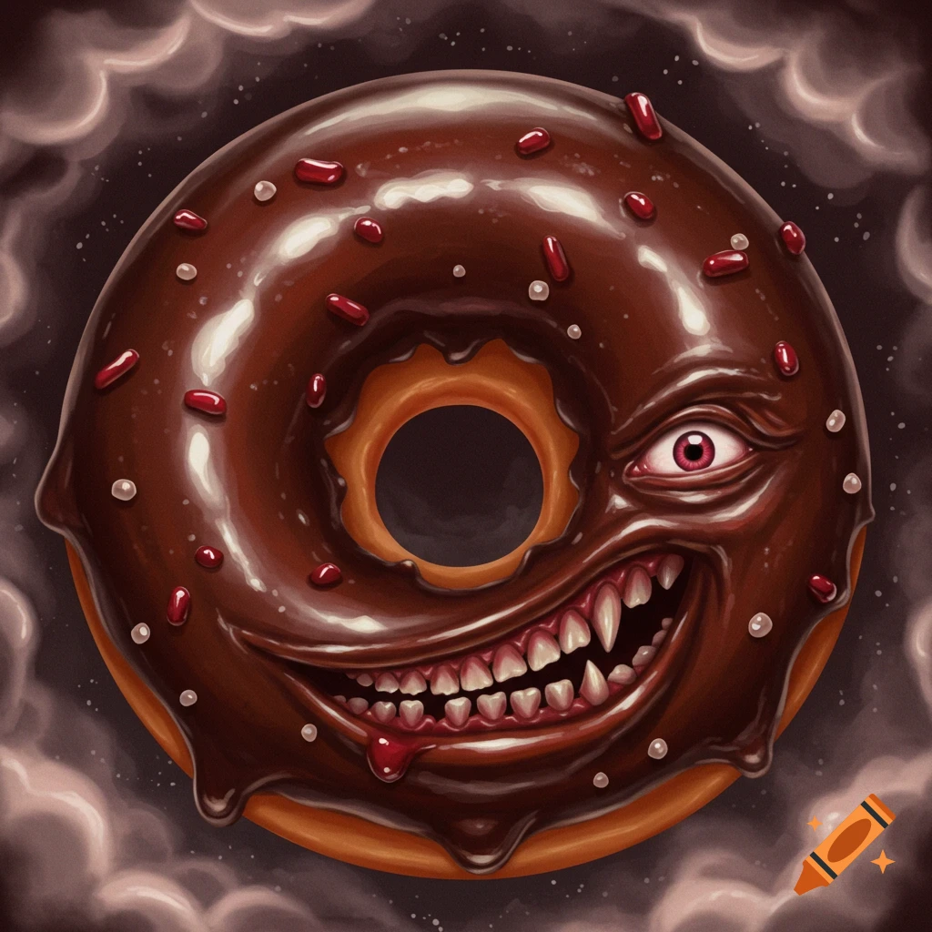 Close-up illustration of an evil chocolate donut with a red eye, sharp teeth, and dripping blood, against a dark, cloudy background.