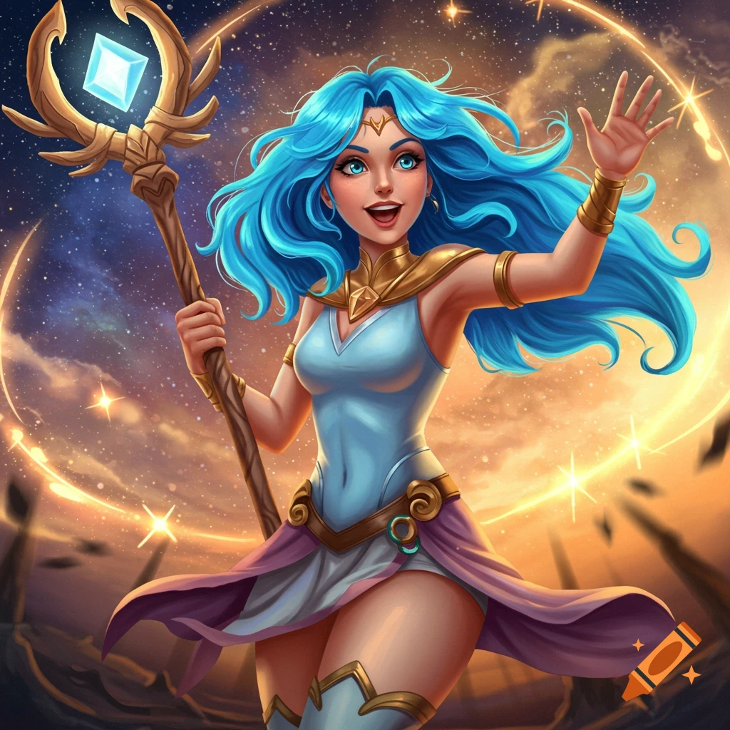 Digital art illustration of a blue-haired woman in fantasy attire holding a staff against a cosmic background.