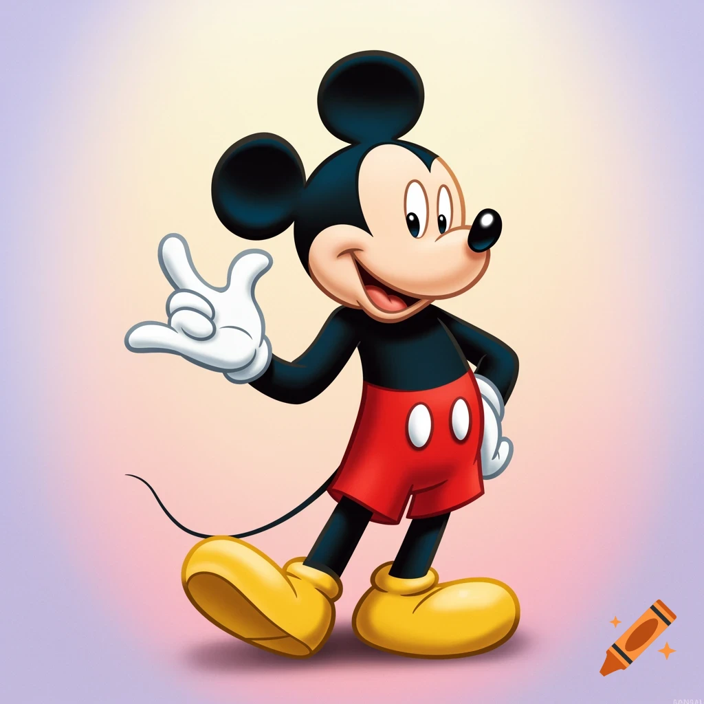 Mickey Mouse cartoon character making a hand sign on Craiyon, image size:1024x1024