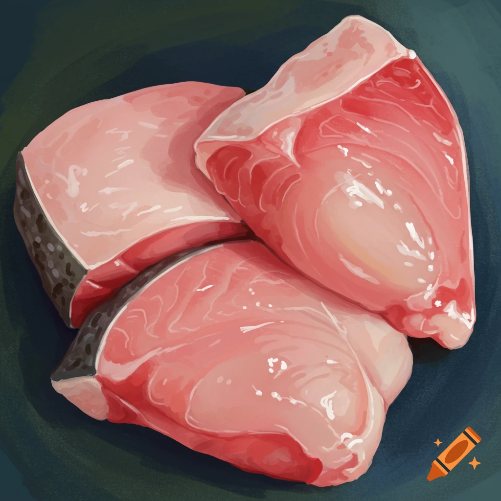 Painterly illustration of three pieces of raw fish on a dark background.