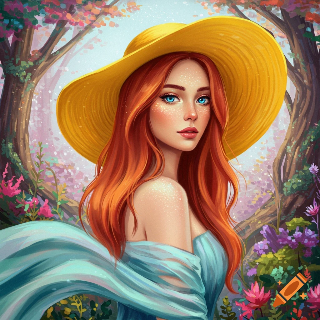 A fantasy illustration of a woman with long red hair and a large yellow hat, standing in a vibrant, colorful garden.