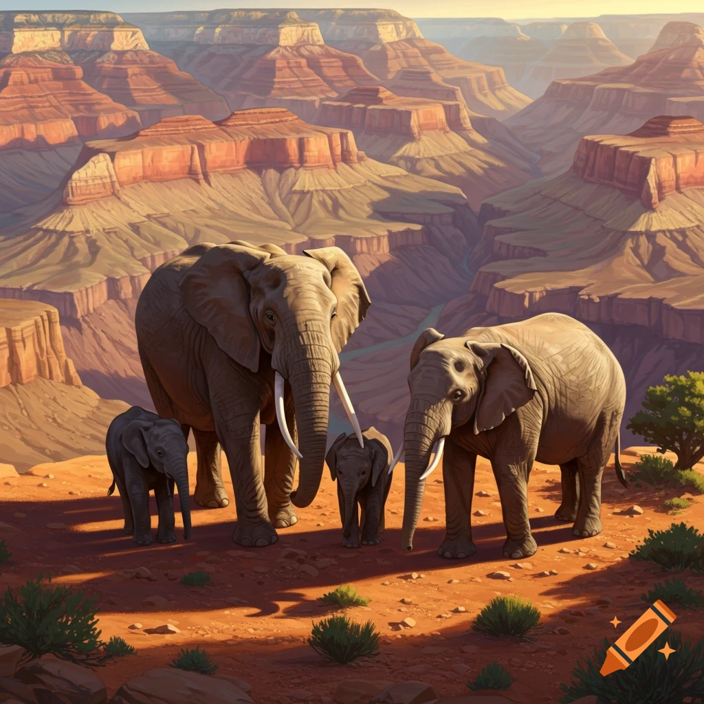 A family of elephants stands on a rocky cliff overlooking the Grand Canyon at sunset.