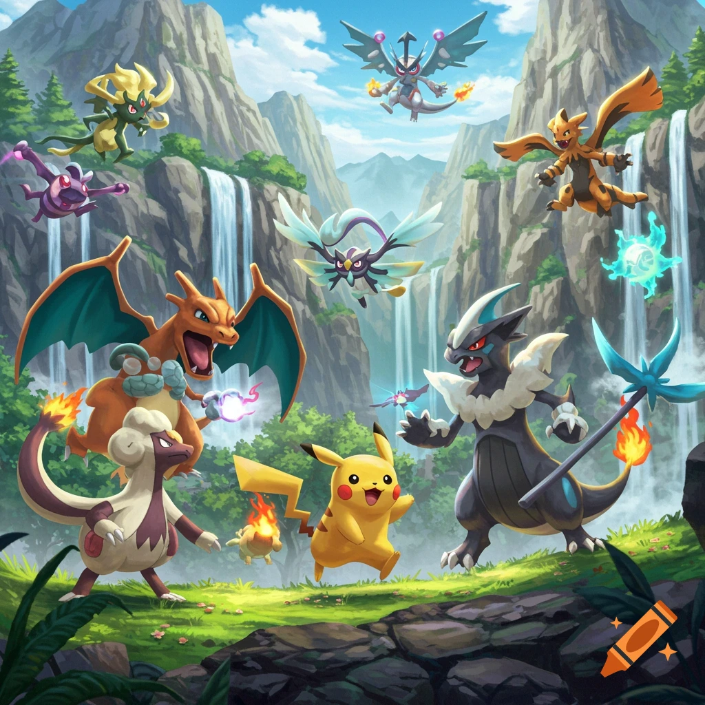 Several Pokemon characters, including Pikachu and Charizard, in a lush valley with mountains and waterfalls.
