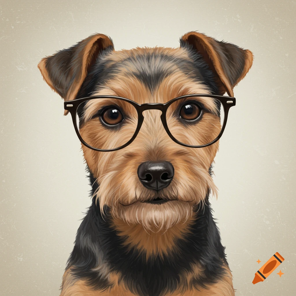 An illustration of a terrier dog wearing glasses