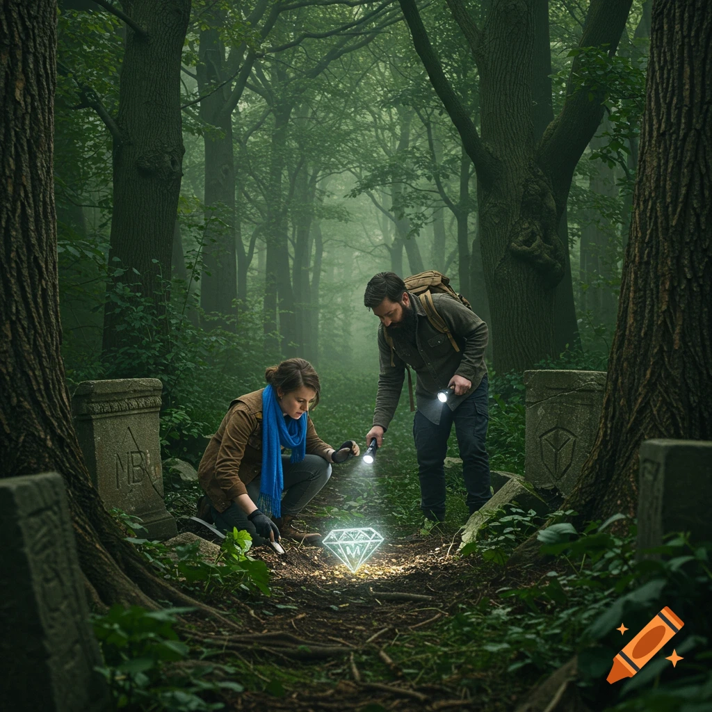 Two people use flashlights to search for a glowing diamond on the ground in a misty forest among ancient stone markers.