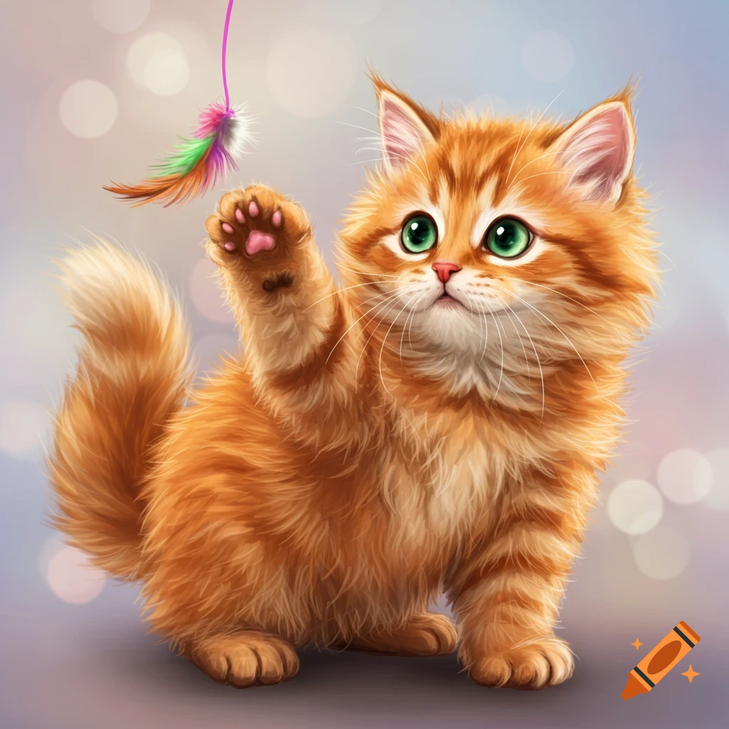 Cute fluffy orange kitten with green eyes playing with a feather toy, digital illustration