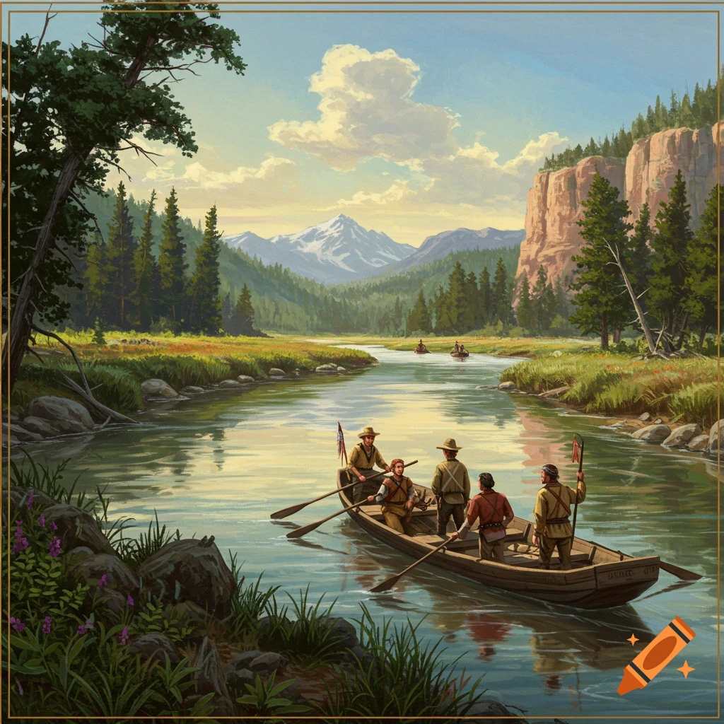 Illustration of men in a boat on a river exploring a mountainous landscape.