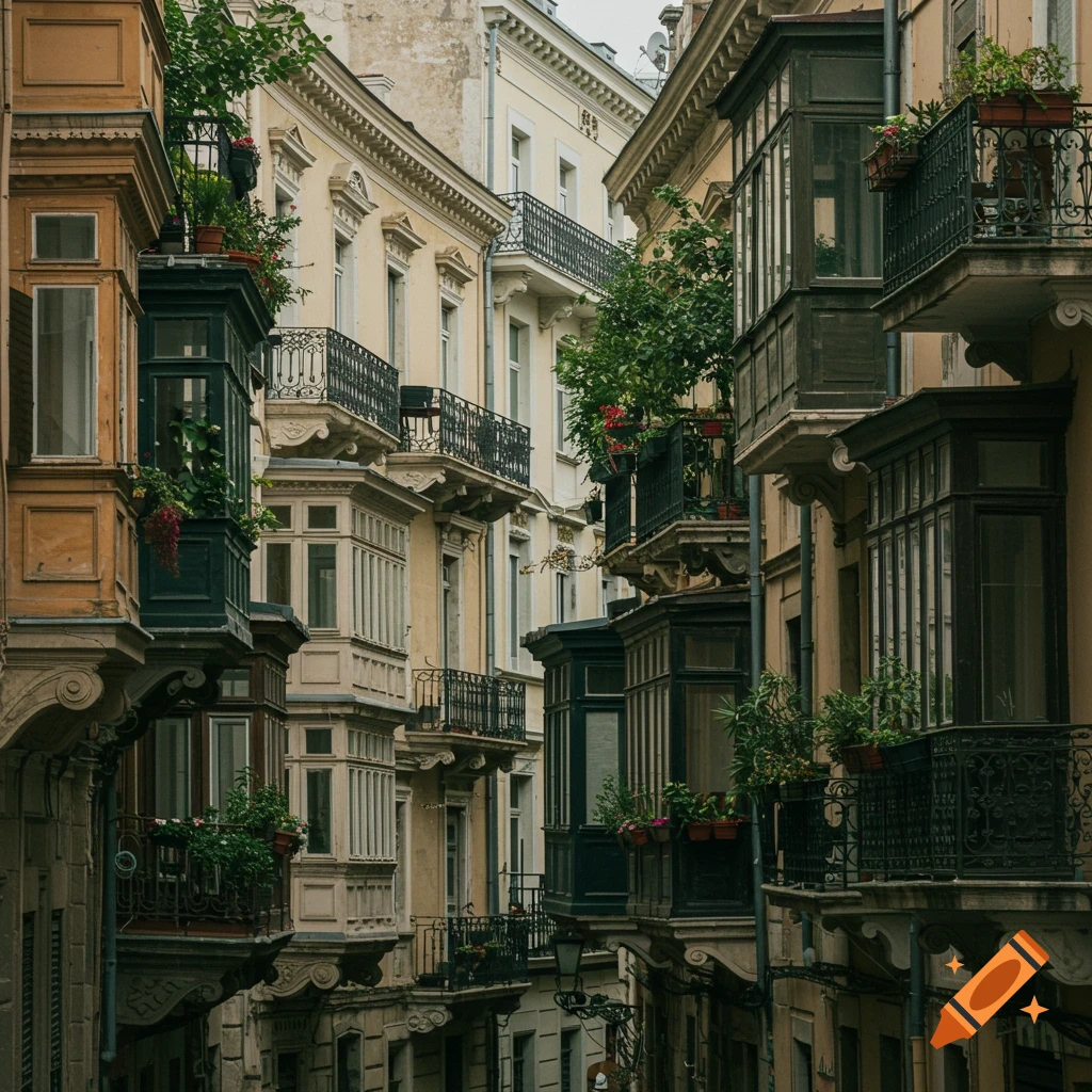 Close view of old European buildings with ornate balconies and plants.