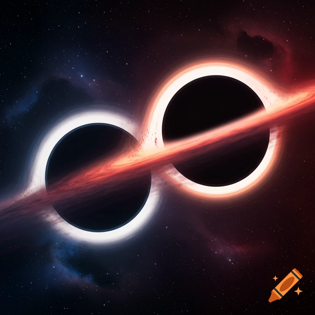 Two black holes intertwined in space with glowing red and white accretion disks and a starry background.