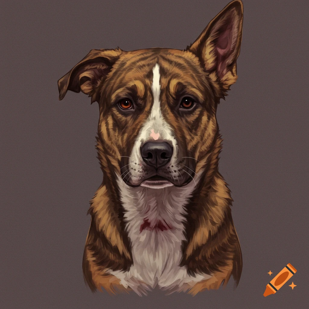 A portrait of a brindle and white dog with mismatched ears.