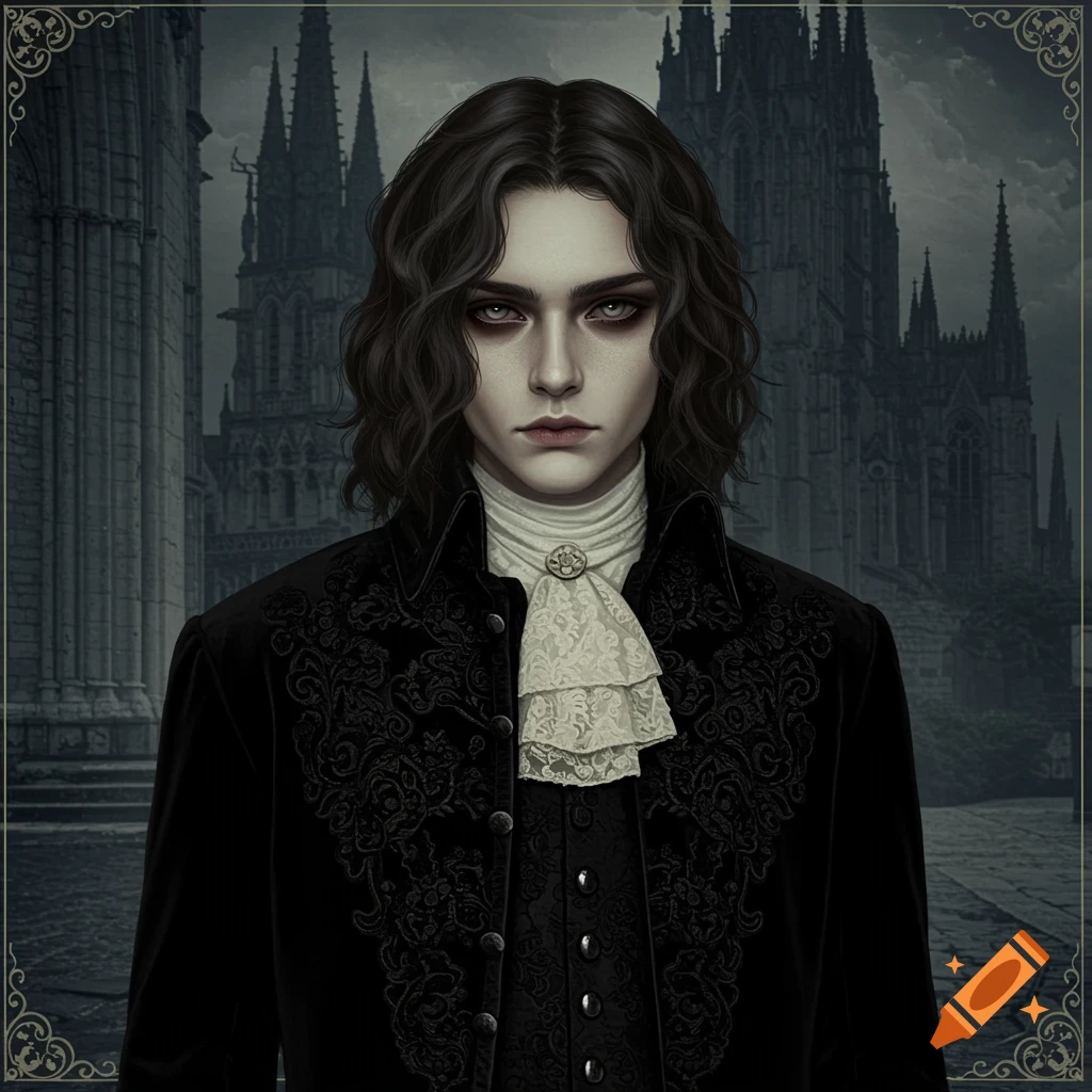 Gothic style portrait of a young man with pale skin, dark makeup, and wavy black hair, wearing a ruffled white shirt and black embroidered coat, standing before a gothic cathedral.