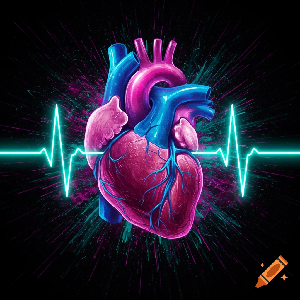 Stylized human heart with glowing blue veins and pink chambers, an aqua heartbeat line runs across a dark background.