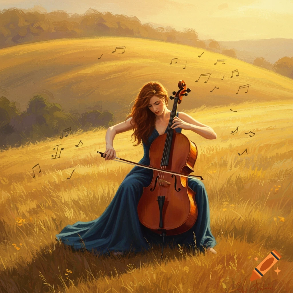 A woman in a blue dress plays a cello in a golden field, surrounded by musical notes, in an artistic style.