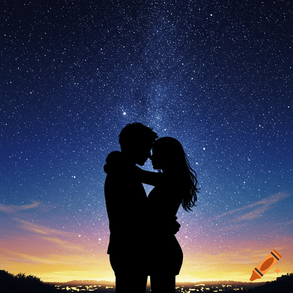 Silhouette of an embracing couple under a starry night sky with distant city lights.