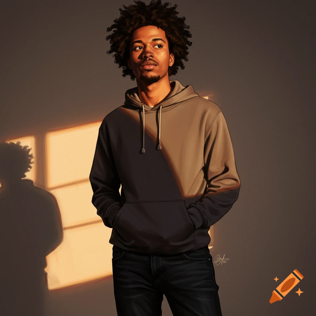 A young man in a hoodie stands in a room with dramatic window light