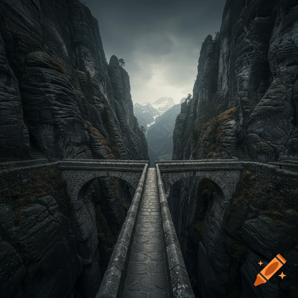 A stone bridge spans a deep canyon between dark, rocky mountains under a cloudy sky.