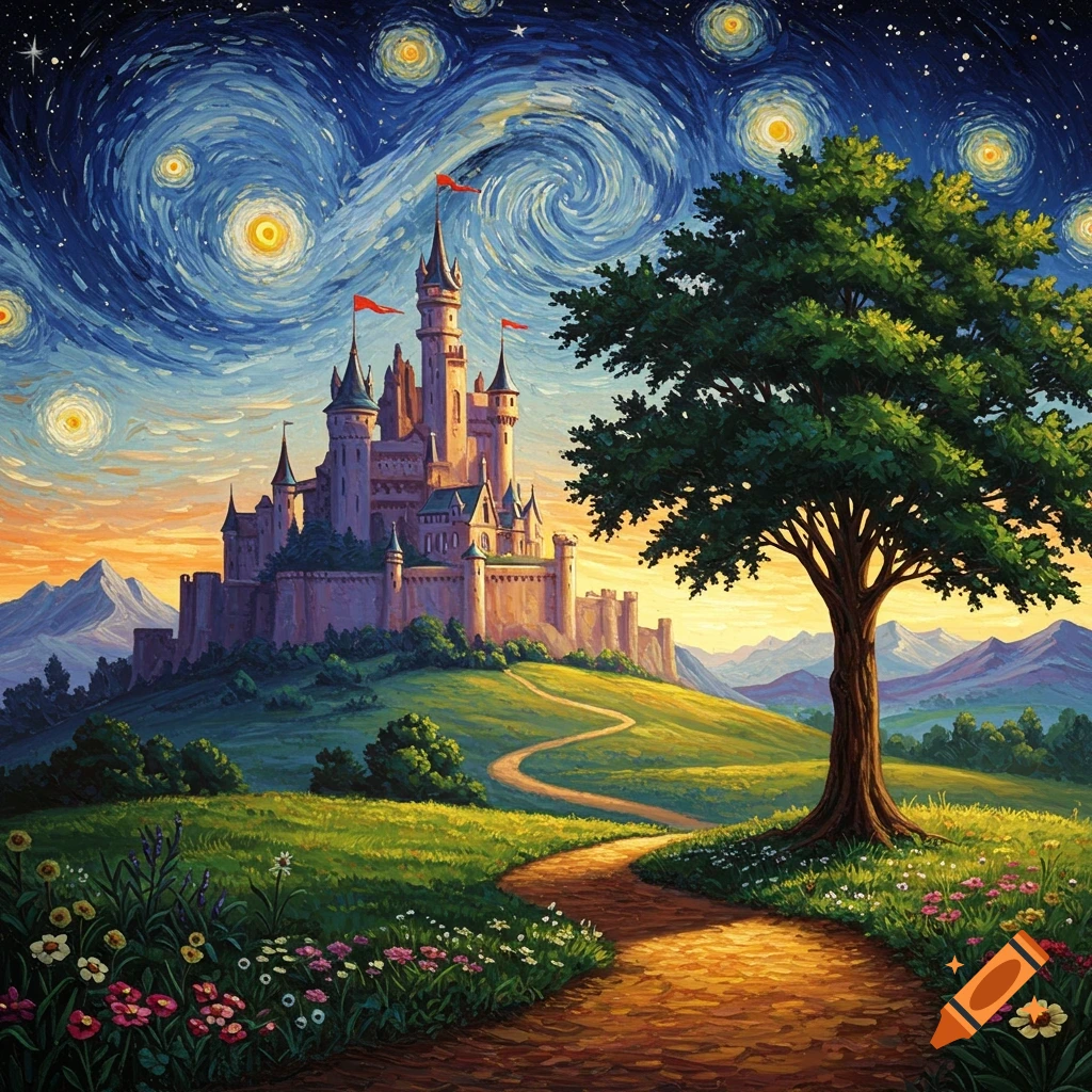 Painting of a path leading to a castle on a hill under a swirling starry sky, in the style of Van Gogh.
