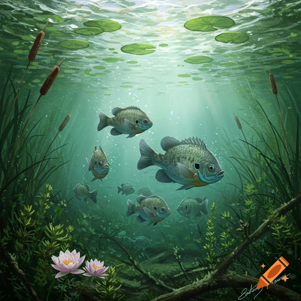 Bluegill fish swim among lily pads, reeds, and underwater plants with sunbeams filtering through the water.
