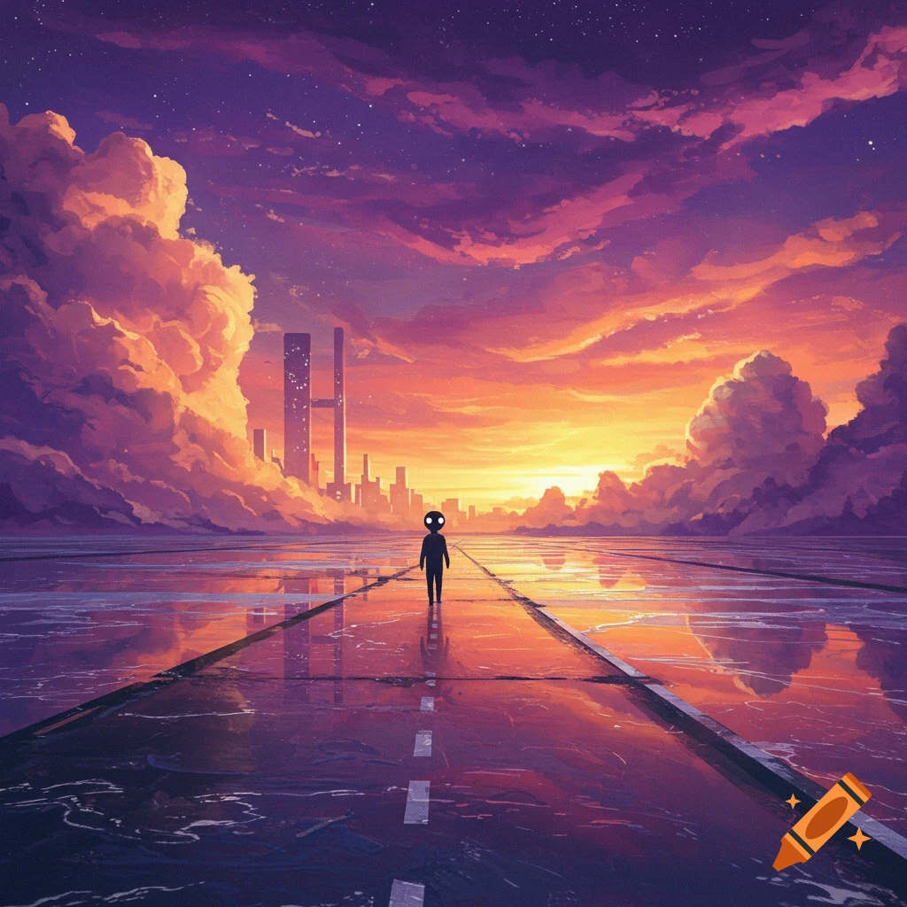 A silhouetted figure walks on a reflective surface towards a city skyline under a dramatic purple and orange starry sunset sky in a surreal style.