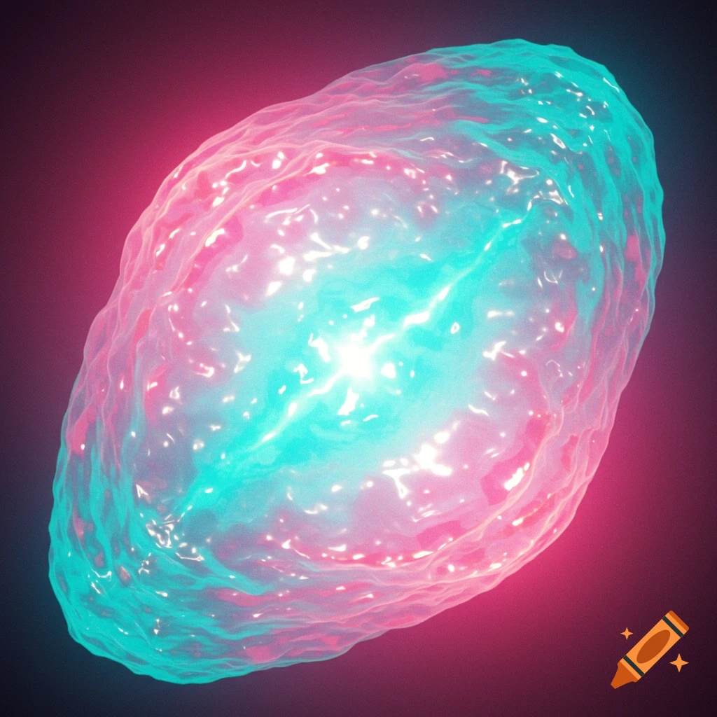 A glowing abstract oval shape in cyan and pink with internal light and sparkles.